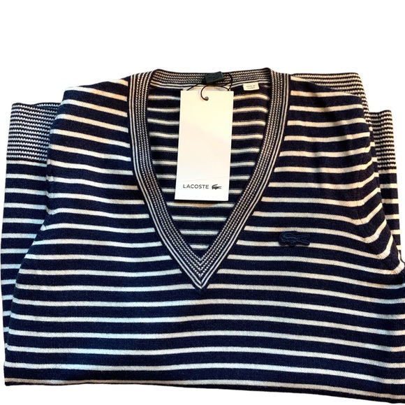 New Lacoste women V-neck wool blend striped sweater in navy blue & white size 36 - Picture 10 of 12